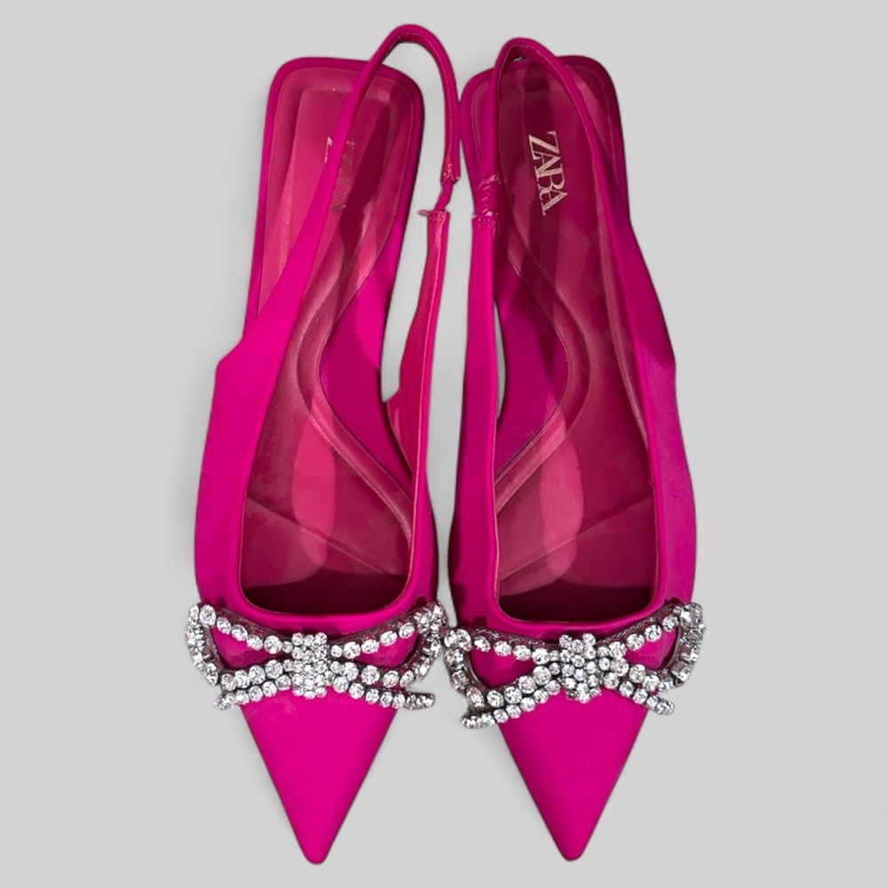 Zara Pink Satin Slingback Flats Crystal Bow Pointed Toe Size 9 NWOT - Picture 3 of 13